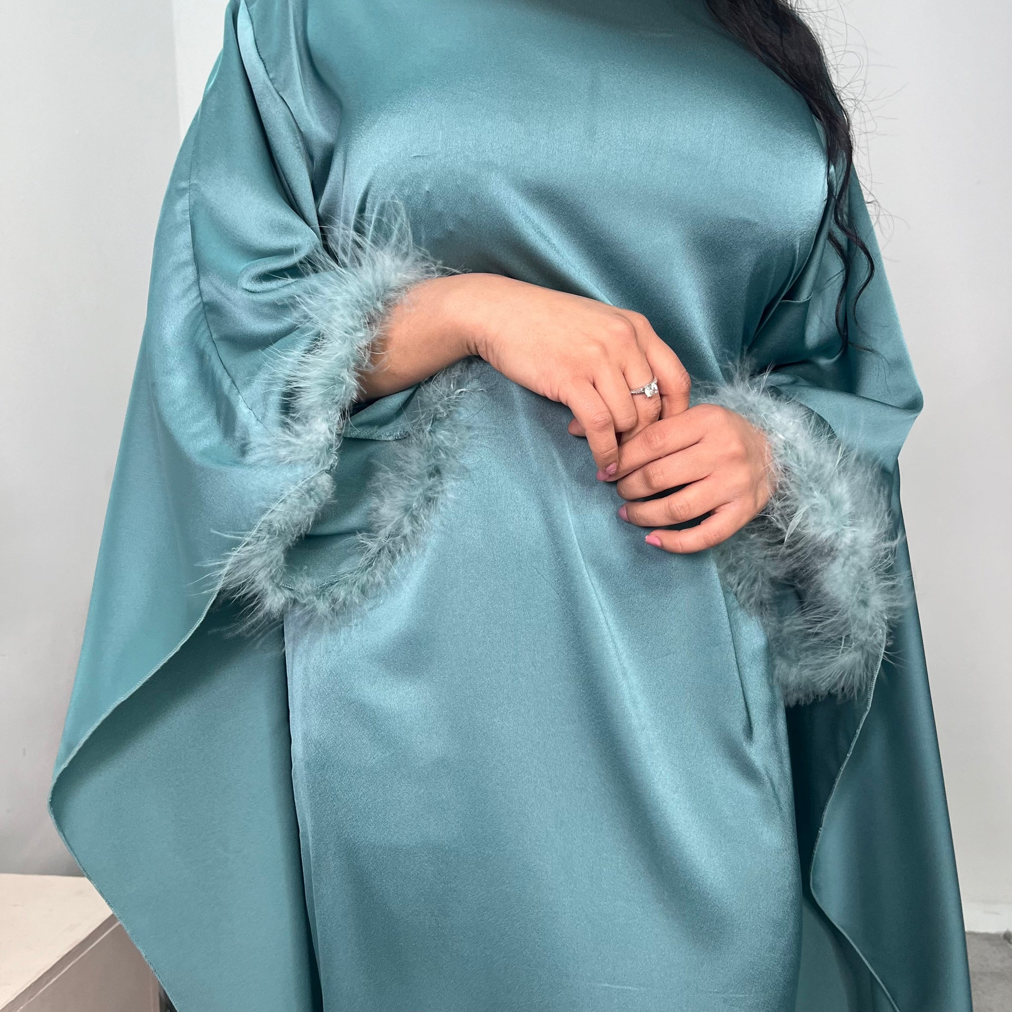 Jhanvi Turquoise Fur Sleeve Belted Cape Kaftan Dress