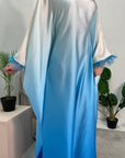 Farah Light Blue Ombre Print Fur Sleeve Kaftan Dress