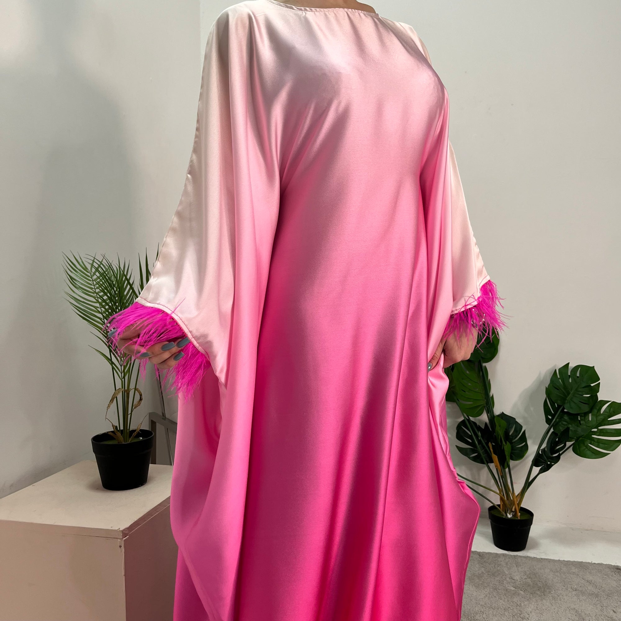 Farah Hot Pink Ombre Print Fur Sleeve Kaftan Dress