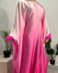 Farah Hot Pink Ombre Print Fur Sleeve Kaftan Dress