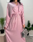 Zoya Pink V Neck Metallic Belted Drape Dress