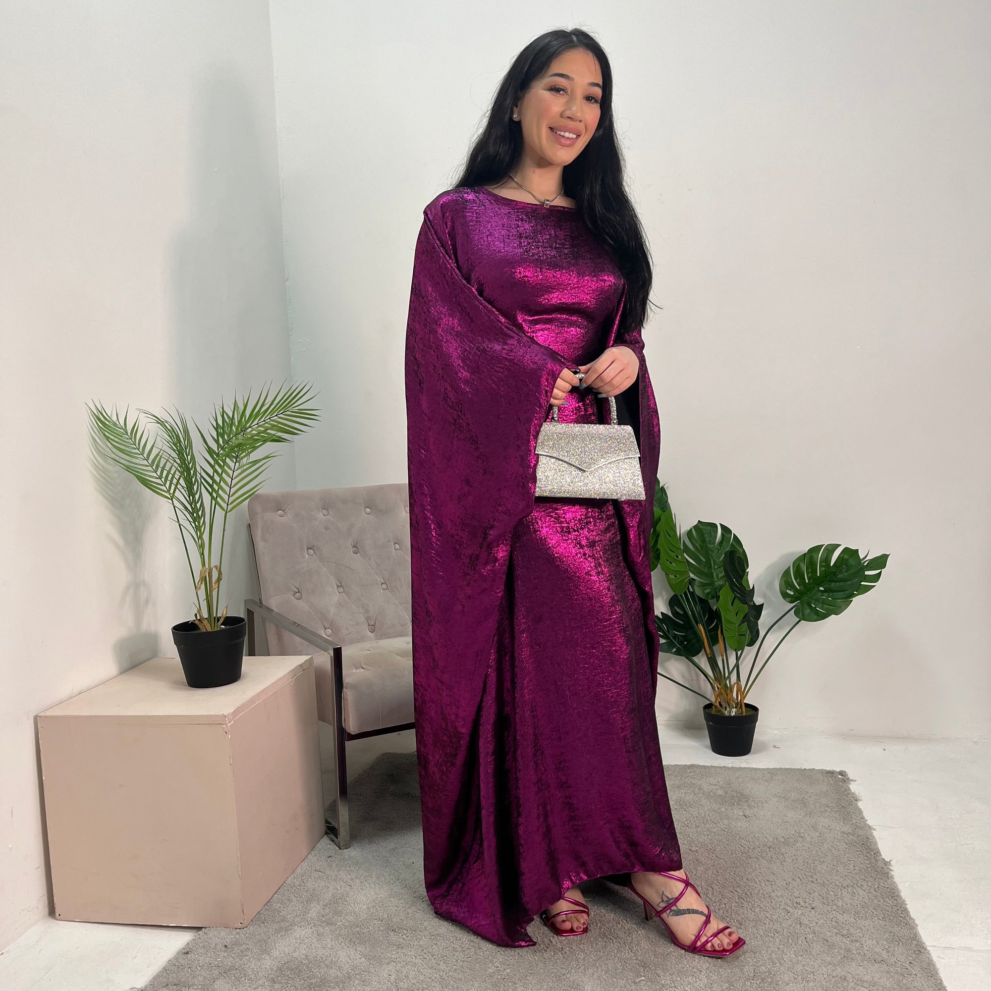 Rabia Fuchsia Metallic Elasticated Batwing Kaftan Dress