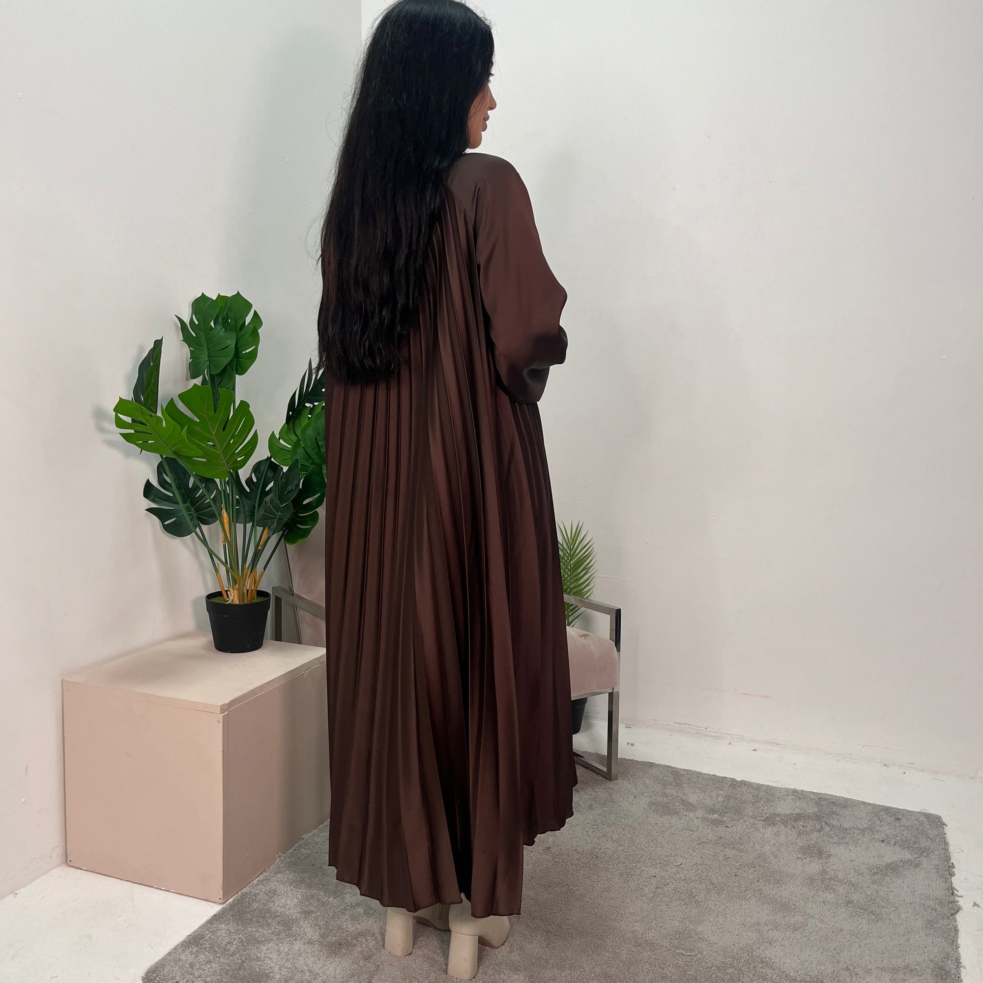 Reha Chocolate Pleated Long Satin Dress