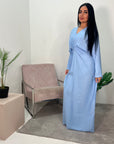 Disha Sky Blue Summer Linen V-Neck Tie Dress