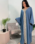 Arooj Petrol Blue Sequin Trim V Neck Kaftan Abaya Dress