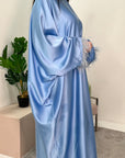 Safiya Blue Batwing Cape Fur Sleeve Satin Modest Kaftan Dress