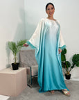 Farah Aqua Ombre Print Fur Sleeve Kaftan Dress