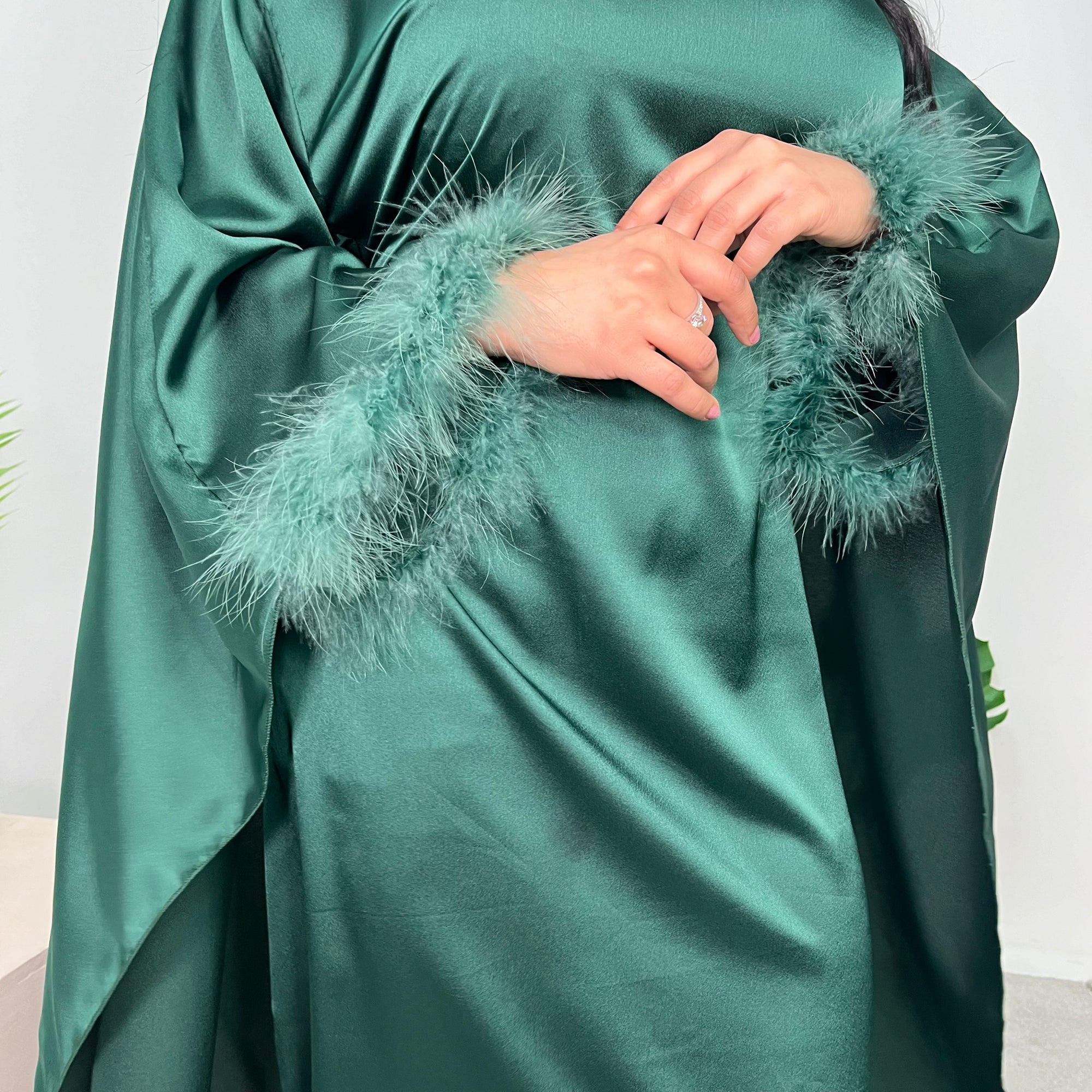 Jhanvi Emerald Green Fur Sleeve Belted Cape Kaftan Dress