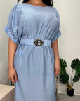 Gauri Blue Puff Sleeve Side Split Belted Dress