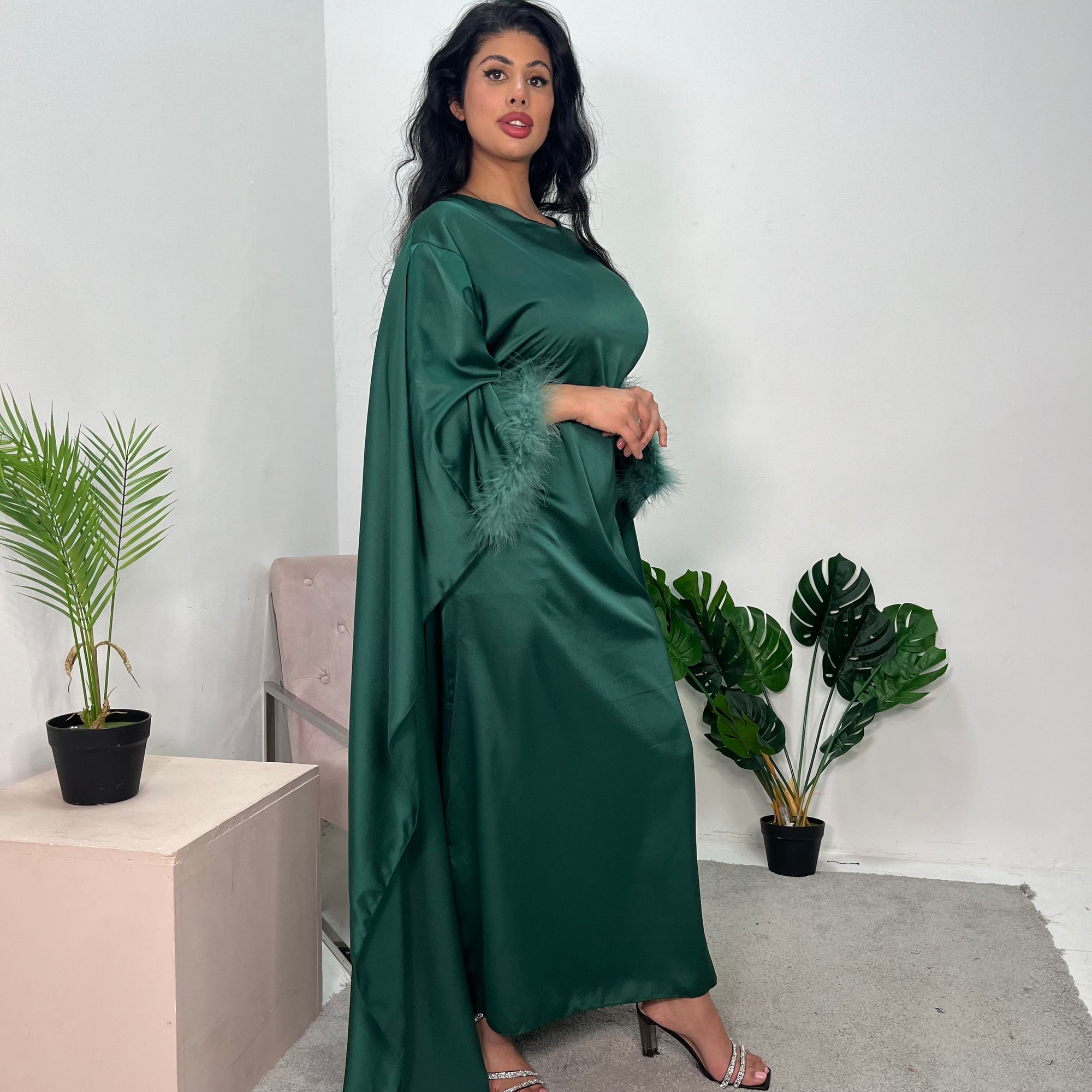 Jhanvi Emerald Green Fur Sleeve Belted Cape Kaftan Dress