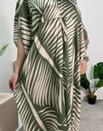 Kyra Khaki Printed Summer V-Neck Kaftan Dress