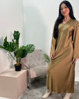 Fiza Camel V-neck Fitted Flare Sleeve Satin Dress