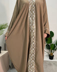 Arooj Beige Blue Sequin Trim V Neck Kaftan Abaya Dress