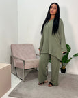 Mona Khaki V-Neck Oversized Fit Trouser Co-ord Set