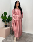 Safiya Pink Batwing Cape Fur Sleeve Satin Modest Kaftan Dress