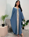 Arooj Petrol Blue Sequin Trim V Neck Kaftan Abaya Dress