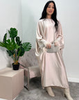 Safiya Beige Batwing Cape Fur Sleeve Satin Modest Kaftan Dress