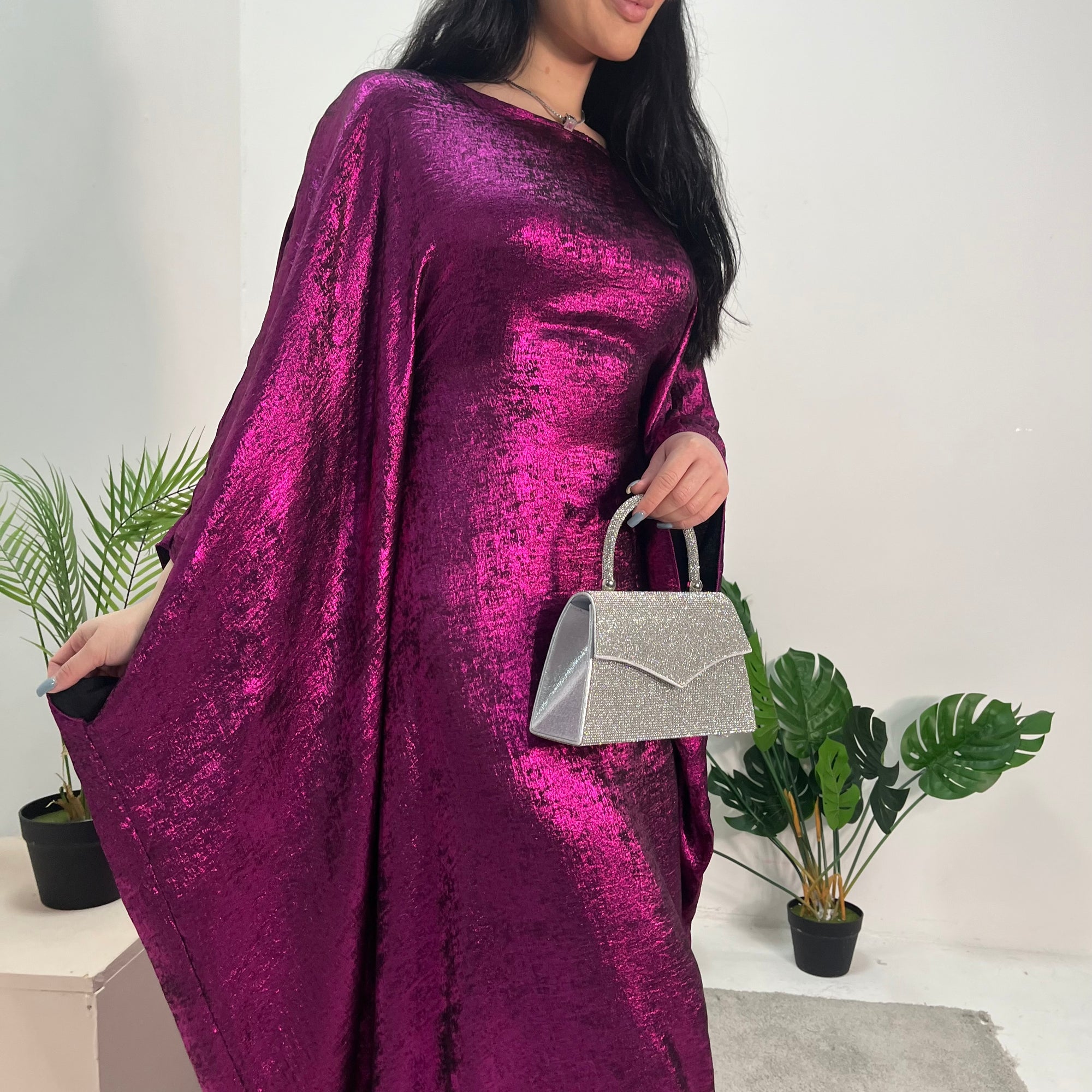 Rabia Fuchsia Metallic Elasticated Batwing Kaftan Dress