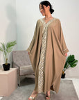 Arooj Beige Blue Sequin Trim V Neck Kaftan Abaya Dress