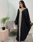 Arooj Black Sequin Trim V Neck Kaftan Abaya Dress