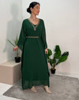 Mehak Emerald Green Embellished Detail Belted Dress With Flare Sleeves