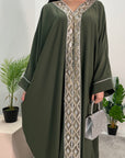 Arooj Khaki Sequin Trim V Neck Kaftan Abaya Dress