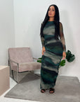 Jasmine Green Printed Side Ruched Mesh Dress