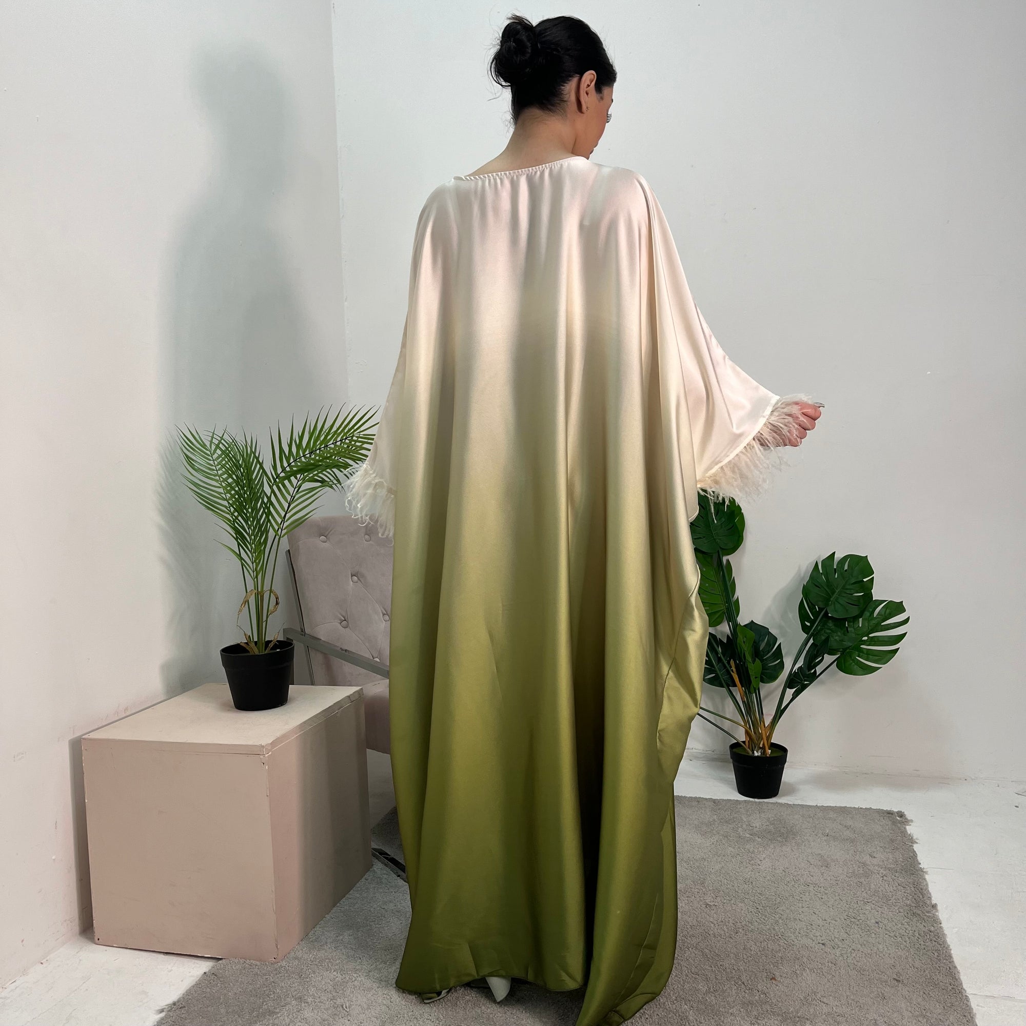 Farah Olive Ombre Print Fur Sleeve Kaftan Dress