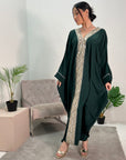 Arooj Emerald Green Sequin Trim V Neck Kaftan Abaya Dress