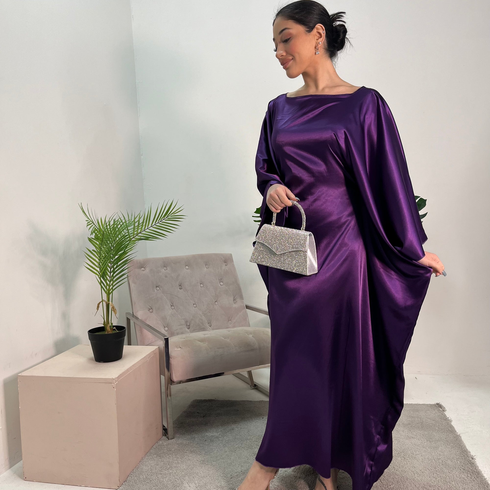 Sehr Purple Quality Satin Plain Tie kaftan Dress