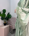 Dua Mint Belted Fur Kaftan Modest Dress