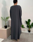 Arooj Charcoal Blue Sequin Trim V Neck Kaftan Abaya Dress