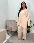 Mona Beige V-Neck Oversized Fit Trouser Co-ord Set