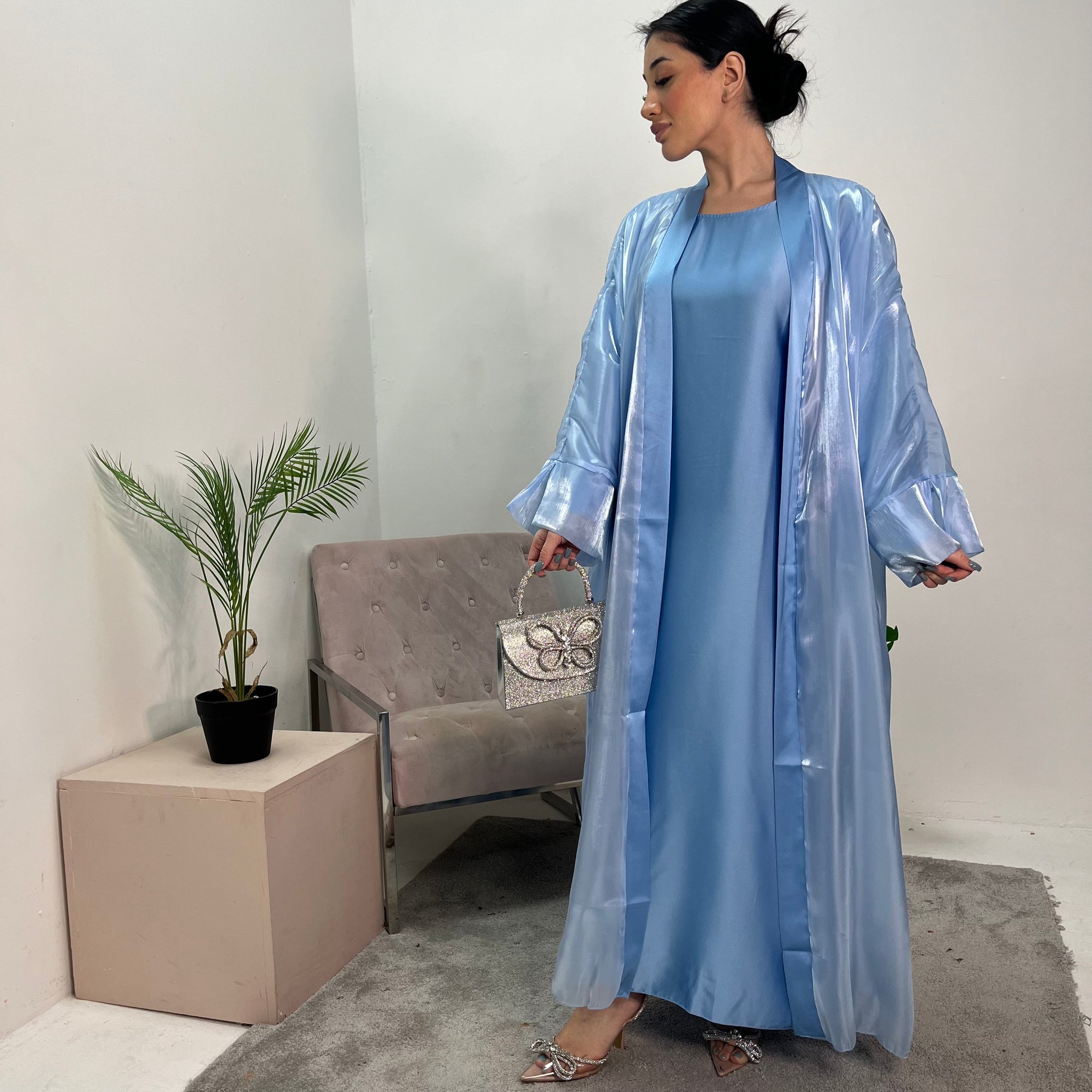 Meher Sky Blue Premium Mesh Kimono Jacket &amp; Satin Dress