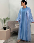 Meher Sky Blue Premium Mesh Kimono Jacket & Satin Dress