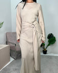 Yasmina Beige Linen Buckle Tie Waist Dress