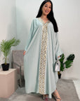 Arooj Mint Sequin Trim V Neck Kaftan Abaya Dress