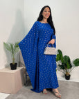 Amara Royal Blue Leaf Print Elasticated Waist Kaftan Dress