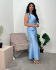 Priya Blue Sleeveless Tie Back Satin Dress