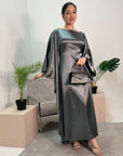 Sehr Slate Grey Quality Satin Plain Tie kaftan Dress