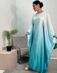 Farah Aqua Ombre Print Fur Sleeve Kaftan Dress