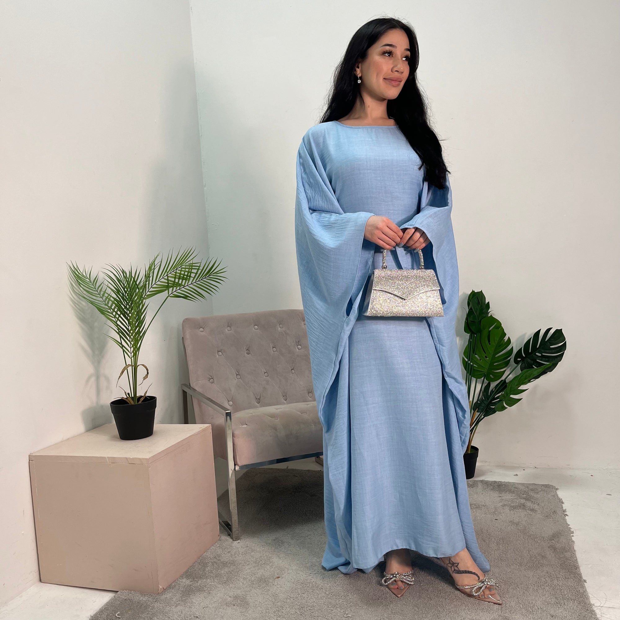 Farah Sky Blue Basic Tie Kaftan Dress