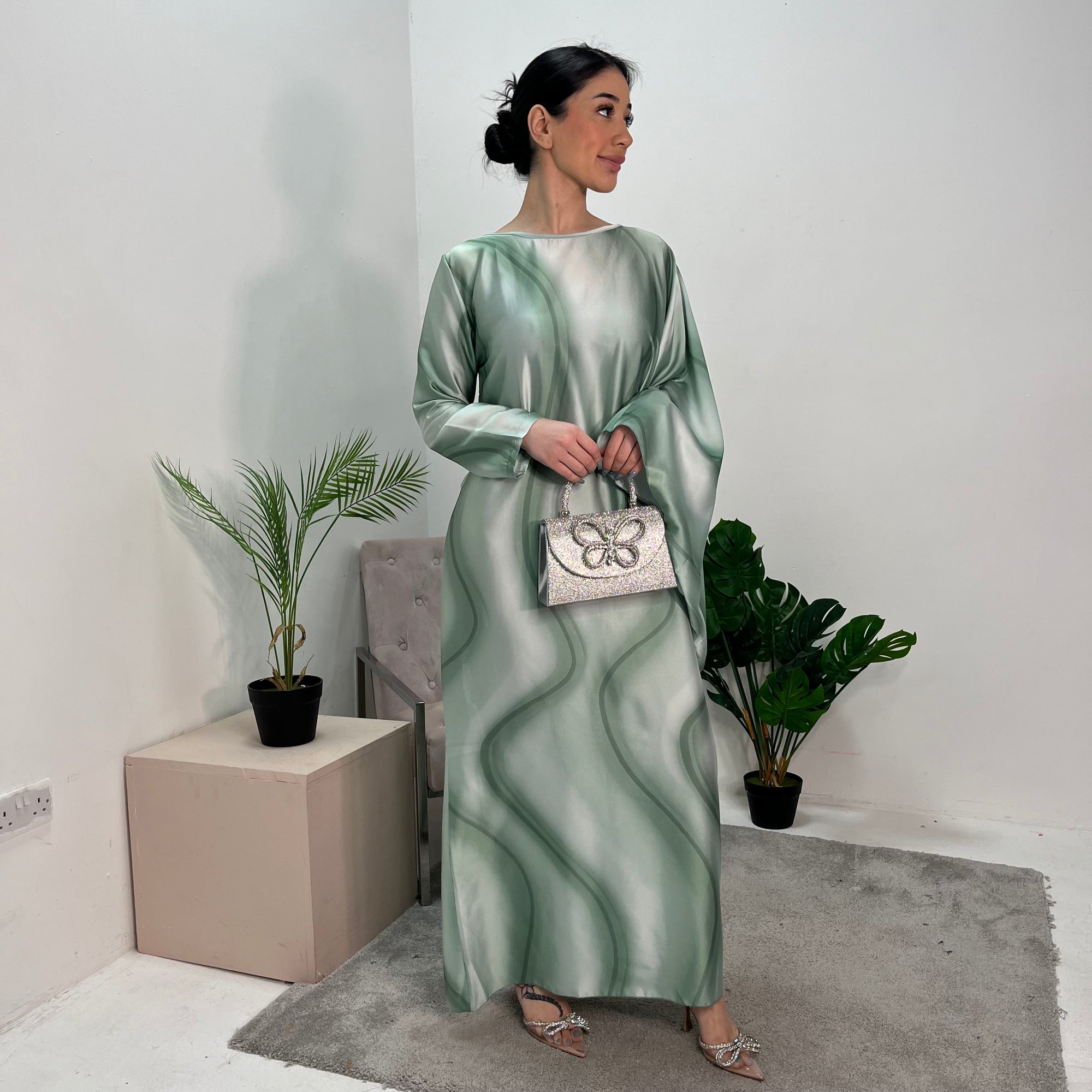 Nadia Mint Tie Dye Print 1/2 Sleeve 1/2 Kaftan Dress