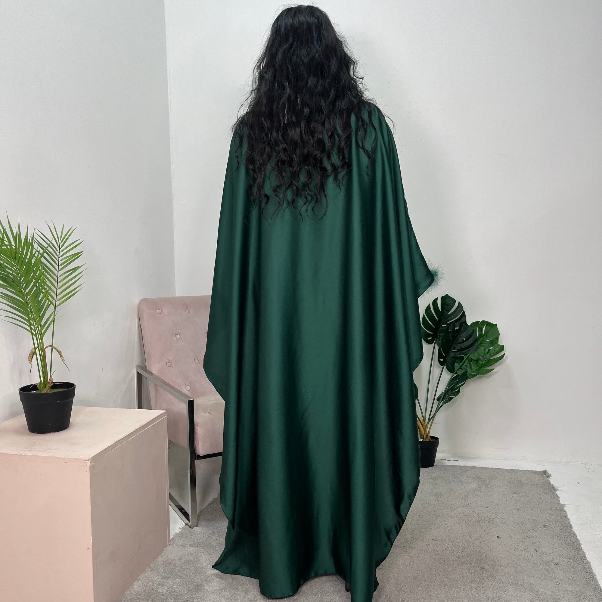 Jhanvi Emerald Green Fur Sleeve Belted Cape Kaftan Dress