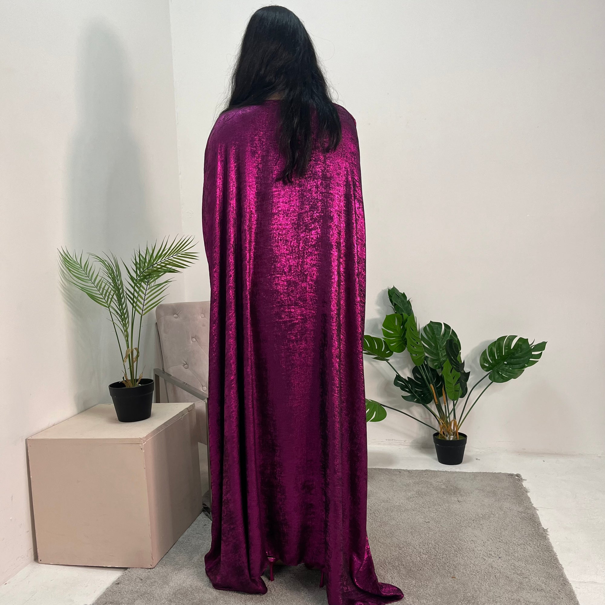 Rabia Fuchsia Metallic Elasticated Batwing Kaftan Dress