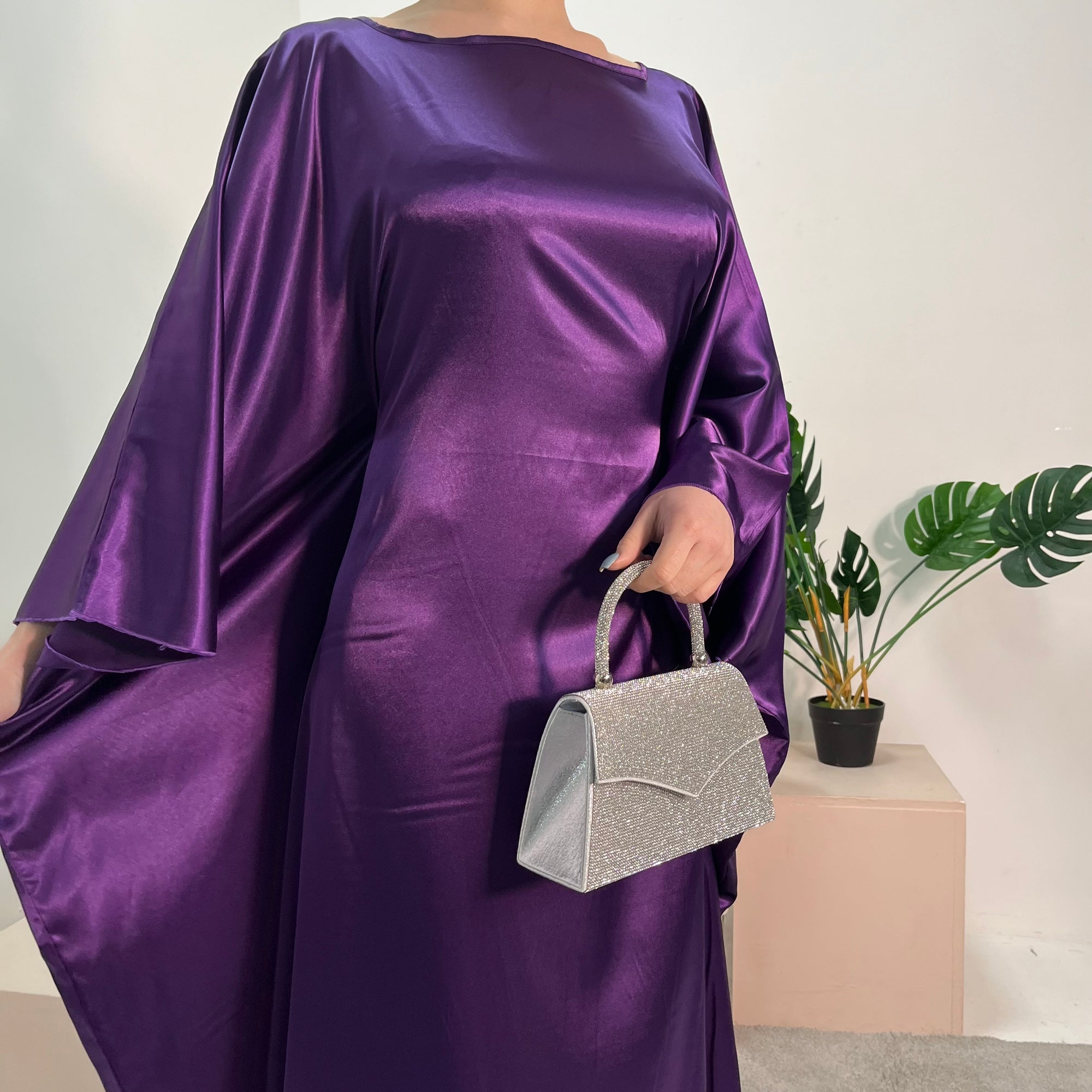 Sehr Purple Quality Satin Plain Tie kaftan Dress