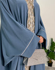 Arooj Petrol Blue Sequin Trim V Neck Kaftan Abaya Dress