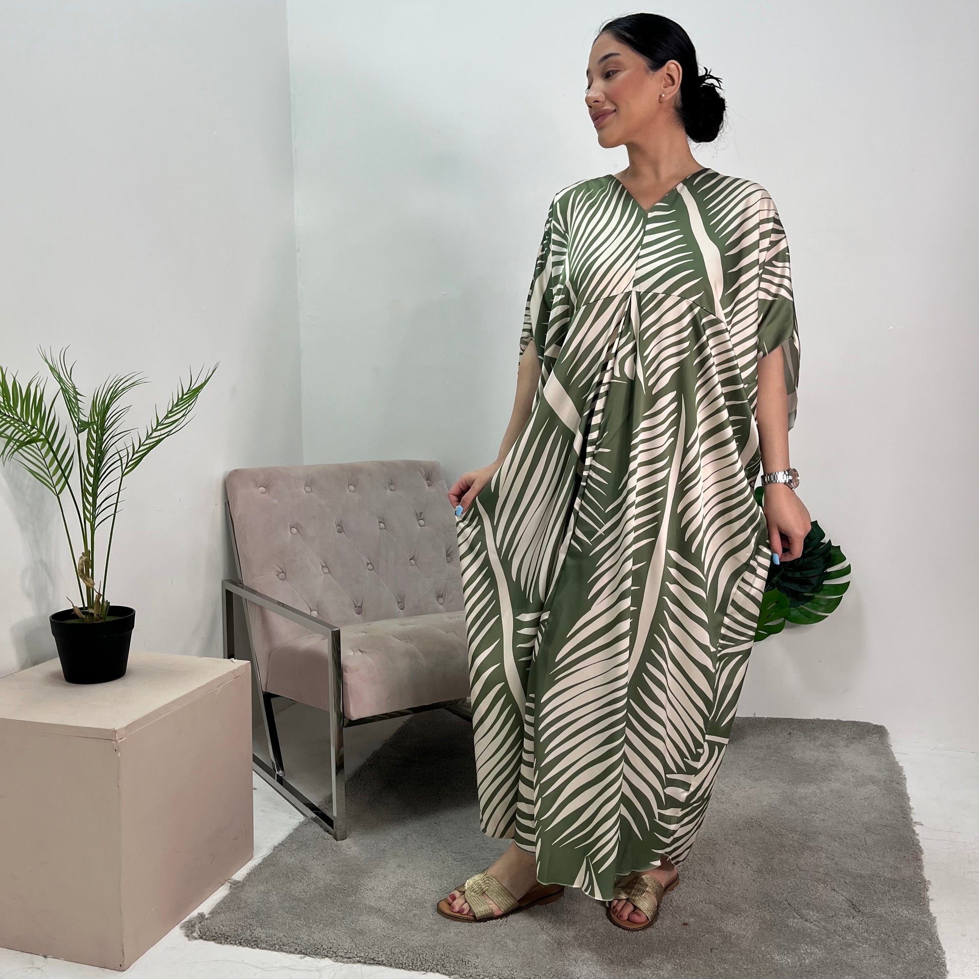 Kyra Khaki Printed Summer V-Neck Kaftan Dress