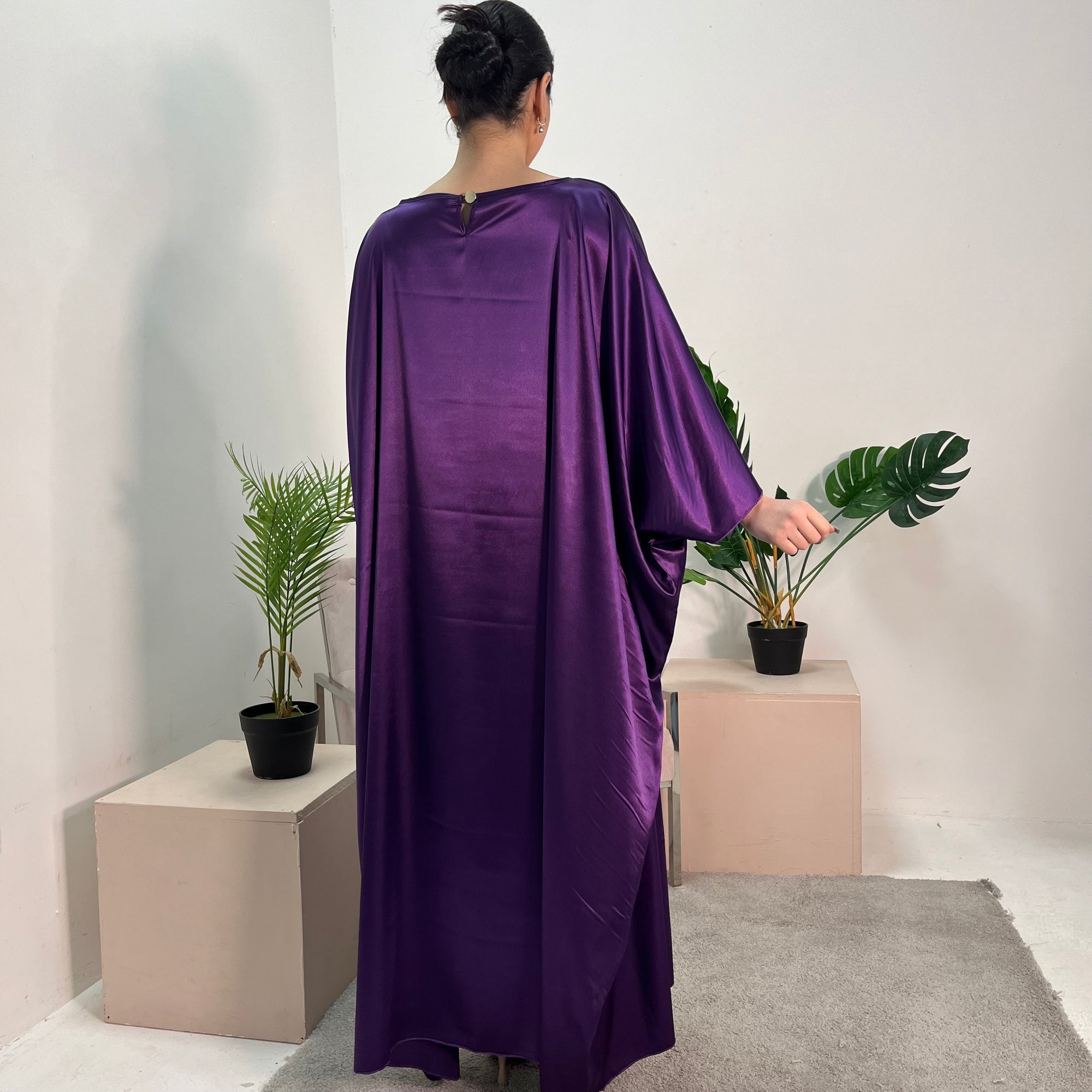 Sehr Purple Quality Satin Plain Tie kaftan Dress