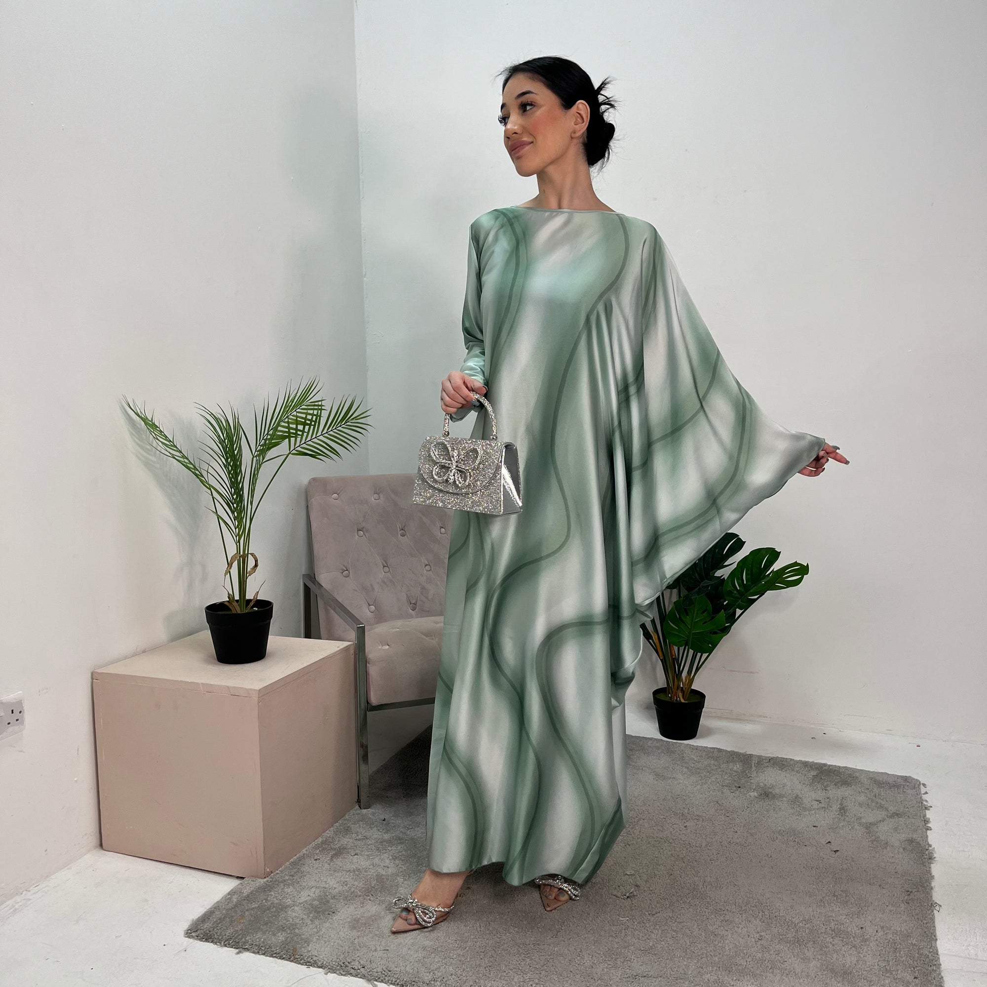 Nadia Mint Tie Dye Print 1/2 Sleeve 1/2 Kaftan Dress